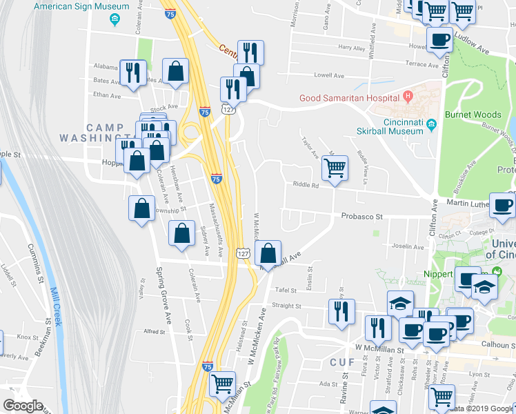 map of restaurants, bars, coffee shops, grocery stores, and more near 2904 West McMicken Avenue in Cincinnati