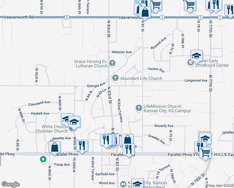 map of restaurants, bars, coffee shops, grocery stores, and more near 2612 North 82nd Terrace in Kansas City