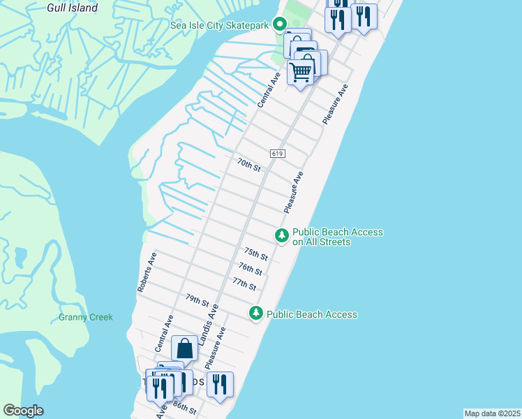 map of restaurants, bars, coffee shops, grocery stores, and more near 34 72nd Street in Sea Isle City