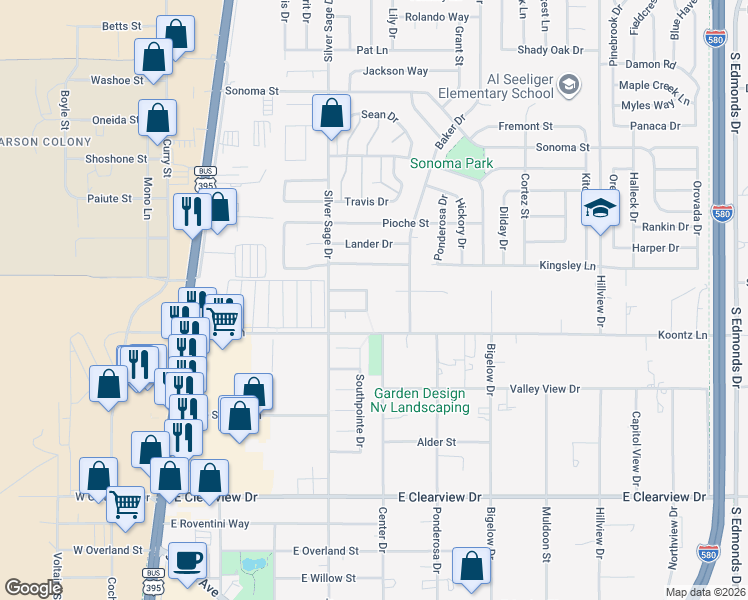 map of restaurants, bars, coffee shops, grocery stores, and more near 3531 Ashford Drive in Carson City