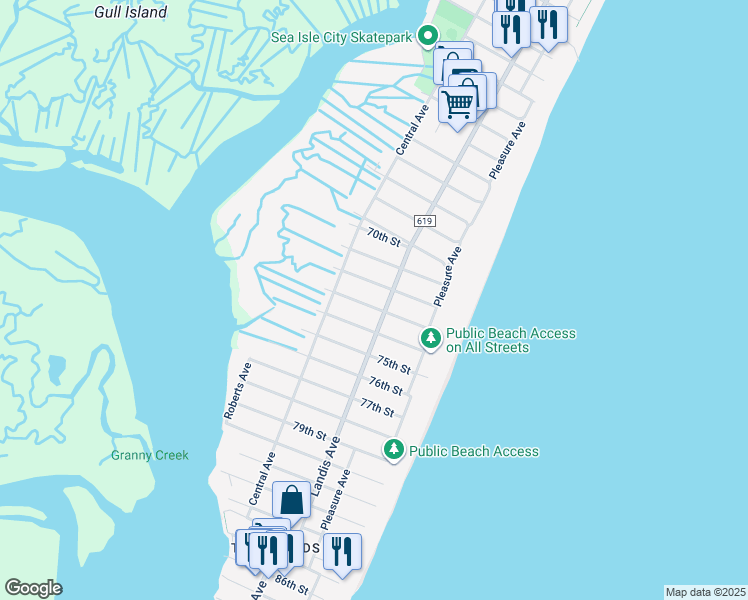 map of restaurants, bars, coffee shops, grocery stores, and more near 109 73rd Street in Sea Isle City