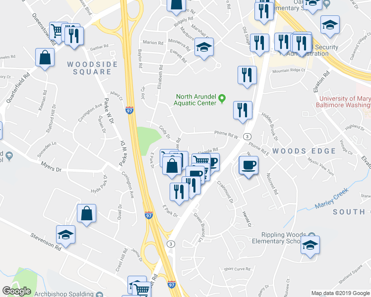 map of restaurants, bars, coffee shops, grocery stores, and more near 393 Jaybea Court in Glen Burnie