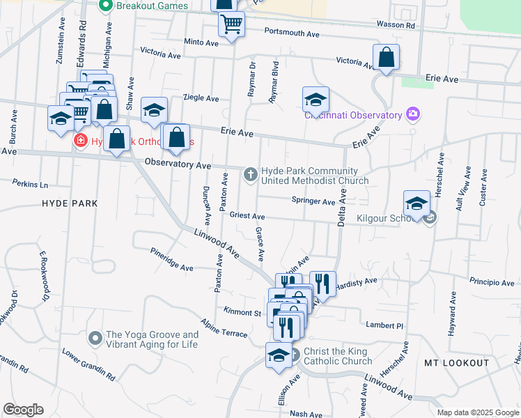 map of restaurants, bars, coffee shops, grocery stores, and more near 1308 Grace Avenue in Cincinnati
