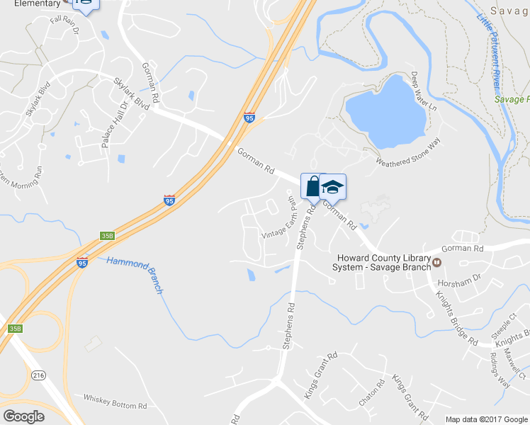 map of restaurants, bars, coffee shops, grocery stores, and more near 8602 Far Fields Way in Laurel