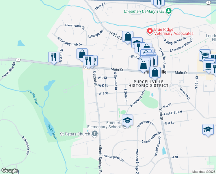 map of restaurants, bars, coffee shops, grocery stores, and more near 420 West K Street in Purcellville