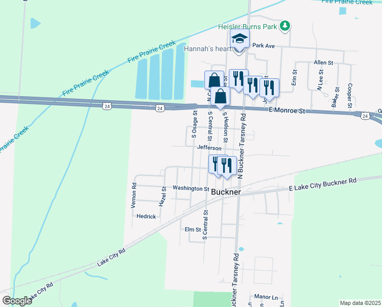map of restaurants, bars, coffee shops, grocery stores, and more near 210 South Osage Street in Buckner