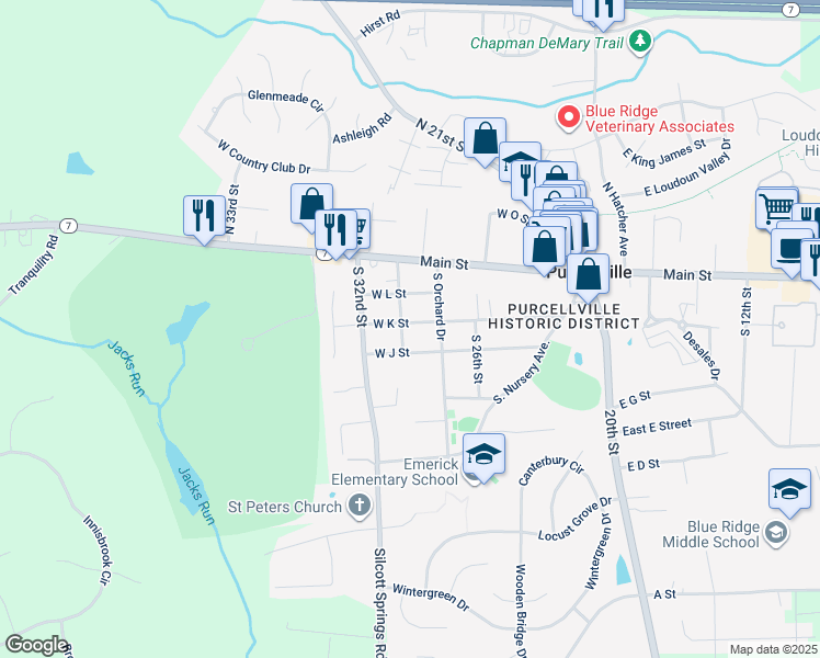 map of restaurants, bars, coffee shops, grocery stores, and more near 420 West K Street in Purcellville
