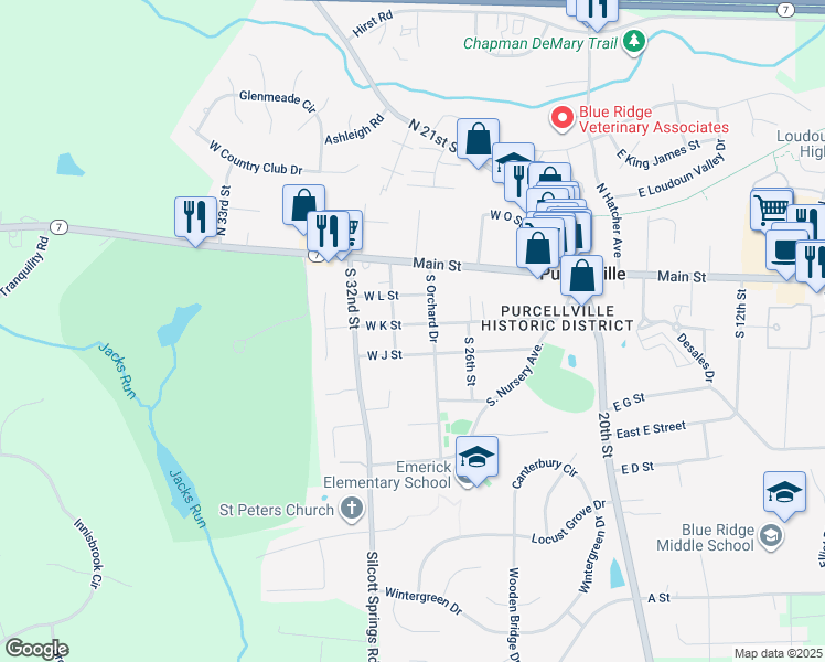 map of restaurants, bars, coffee shops, grocery stores, and more near 410 West K Street in Purcellville