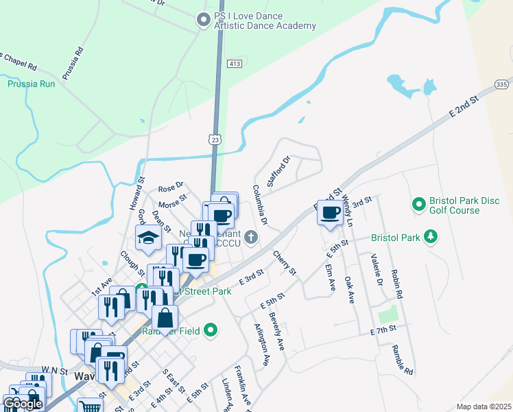 map of restaurants, bars, coffee shops, grocery stores, and more near 115 Columbia Drive in Waverly