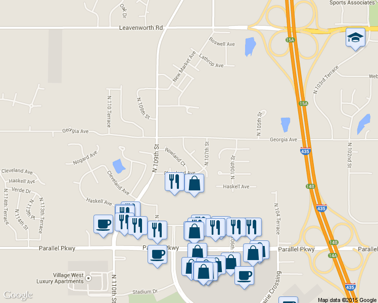 map of restaurants, bars, coffee shops, grocery stores, and more near 2603 North 107 Terrace in Kansas City