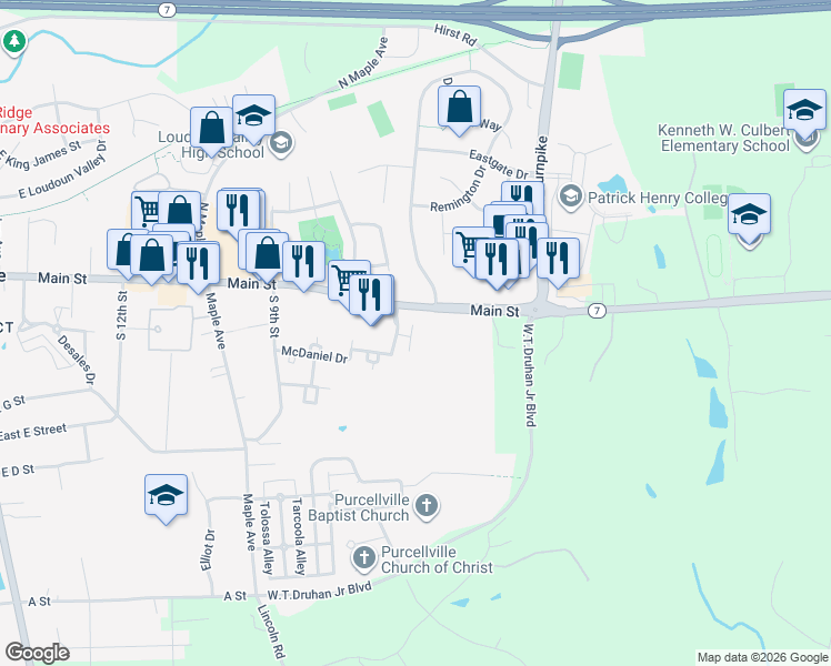 map of restaurants, bars, coffee shops, grocery stores, and more near 106 Hackley Court in Purcellville