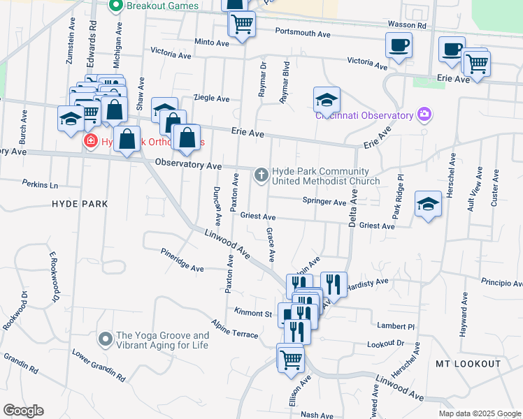 map of restaurants, bars, coffee shops, grocery stores, and more near 1308 Grace Avenue in Cincinnati