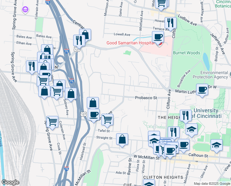 map of restaurants, bars, coffee shops, grocery stores, and more near 632 Probasco Street in Cincinnati