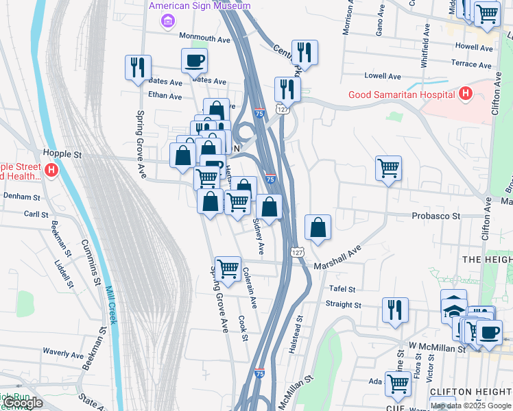 map of restaurants, bars, coffee shops, grocery stores, and more near 2891 Massachusetts Avenue in Cincinnati
