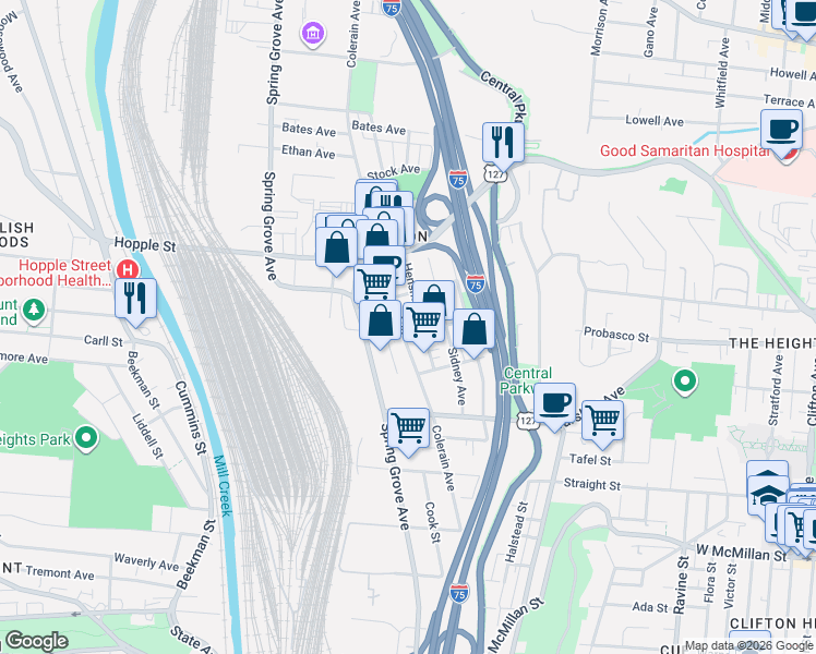 map of restaurants, bars, coffee shops, grocery stores, and more near 2909 Colerain Avenue in Cincinnati