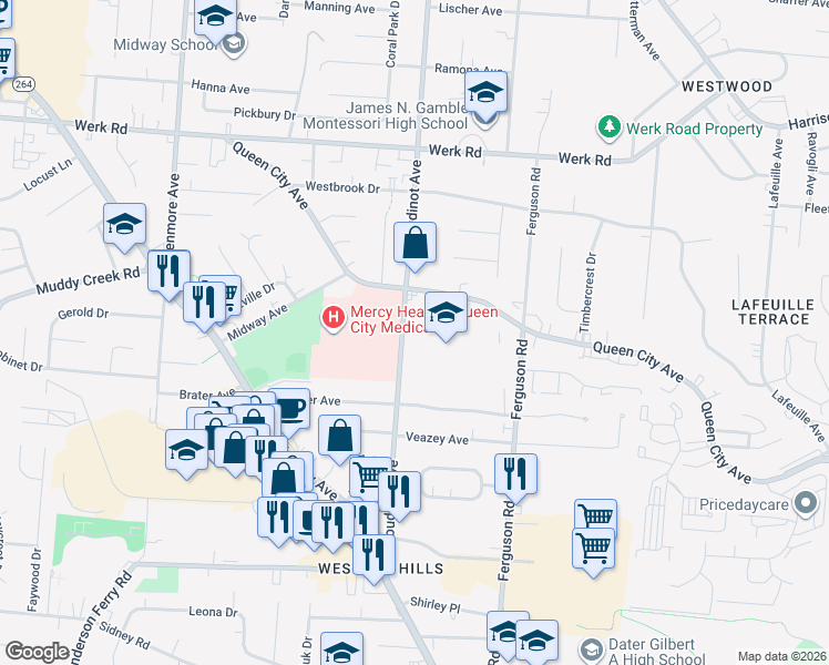 map of restaurants, bars, coffee shops, grocery stores, and more near 2860 Boudinot Avenue in Cincinnati