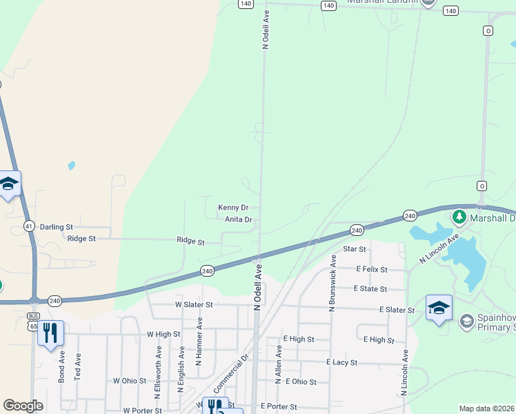 map of restaurants, bars, coffee shops, grocery stores, and more near 1201N North Odell Avenue in Marshall