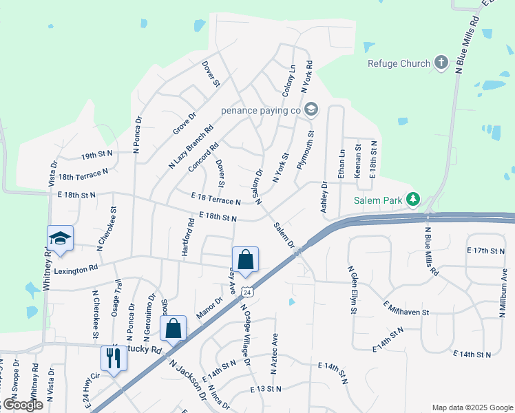 map of restaurants, bars, coffee shops, grocery stores, and more near 19007 East 18 Terrace North in Independence