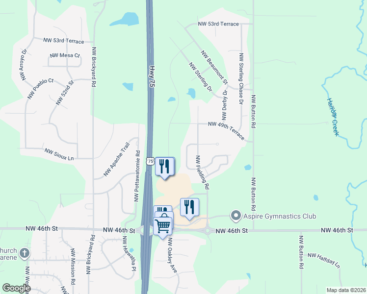 map of restaurants, bars, coffee shops, grocery stores, and more near 4845 Northwest Astor Park Drive in Topeka