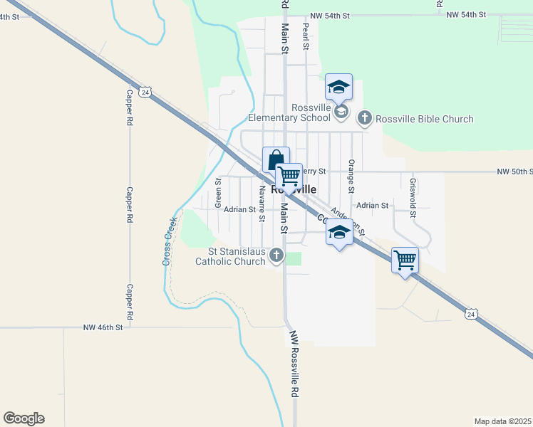 map of restaurants, bars, coffee shops, grocery stores, and more near 600-602 Navarre Street in Rossville