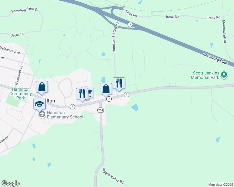 map of restaurants, bars, coffee shops, grocery stores, and more near 20197 Hamilton Station Road in Hamilton