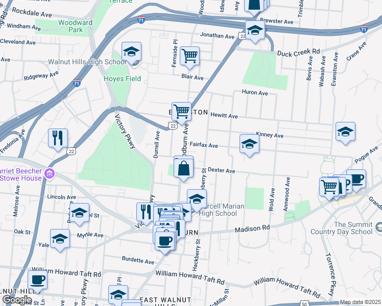 map of restaurants, bars, coffee shops, grocery stores, and more near 3128 Woodburn Avenue in Cincinnati
