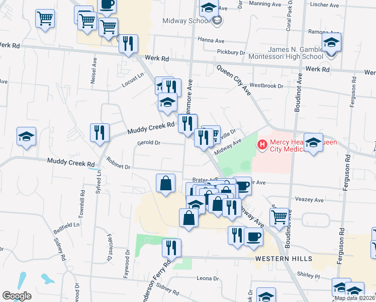 map of restaurants, bars, coffee shops, grocery stores, and more near 2712 Anderson Ferry Road in Cincinnati