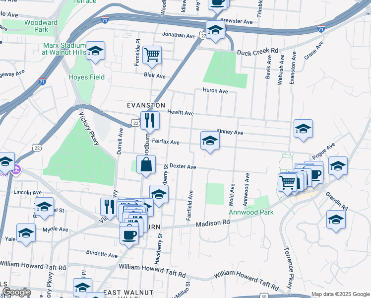 map of restaurants, bars, coffee shops, grocery stores, and more near 3141 Fairfield Avenue in Cincinnati