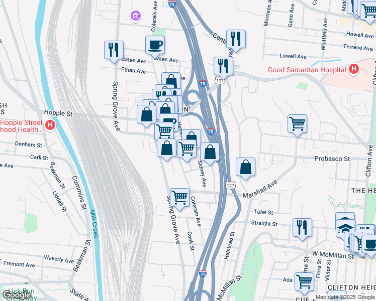map of restaurants, bars, coffee shops, grocery stores, and more near 2900 Henshaw Avenue in Cincinnati