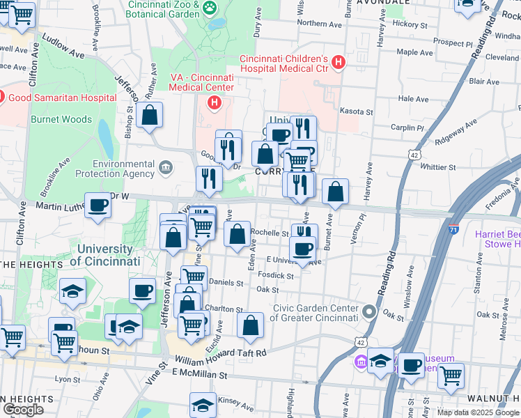 map of restaurants, bars, coffee shops, grocery stores, and more near 3026 Eden Ave in Cincinnati