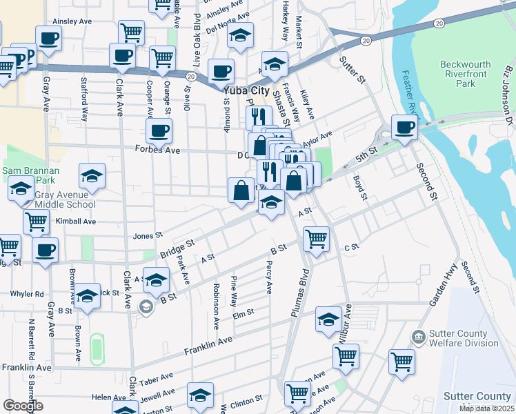 map of restaurants, bars, coffee shops, grocery stores, and more near 545 Bridge Street in Yuba City