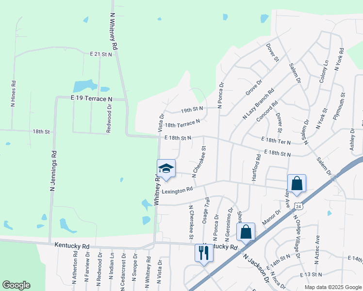 map of restaurants, bars, coffee shops, grocery stores, and more near 1711 North Viking Drive in Independence