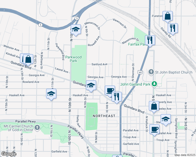 map of restaurants, bars, coffee shops, grocery stores, and more near 2644 North Early Street in Kansas City