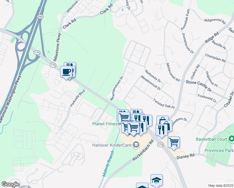 map of restaurants, bars, coffee shops, grocery stores, and more near 2717 Wessex Circle in Hanover