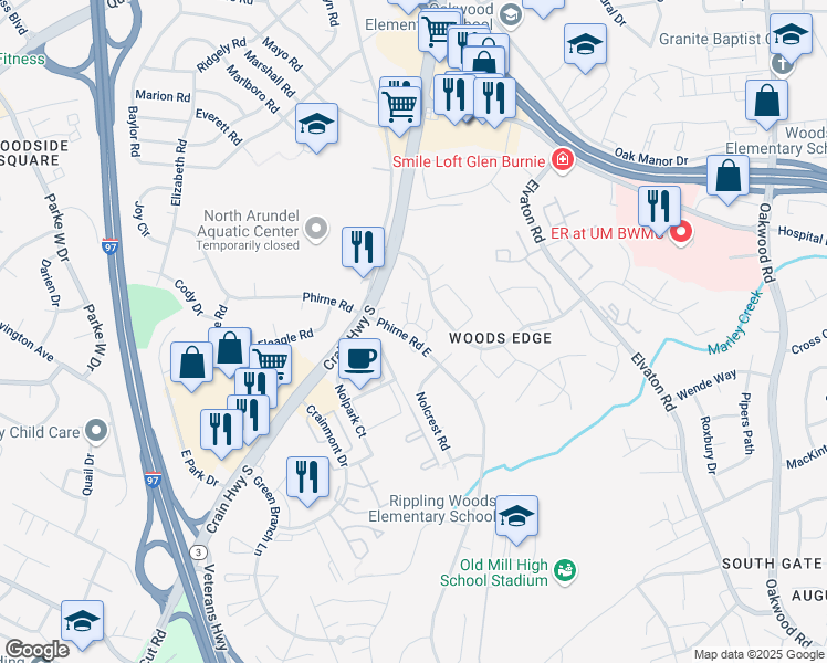 map of restaurants, bars, coffee shops, grocery stores, and more near 471 Glen Mar Road in Glen Burnie