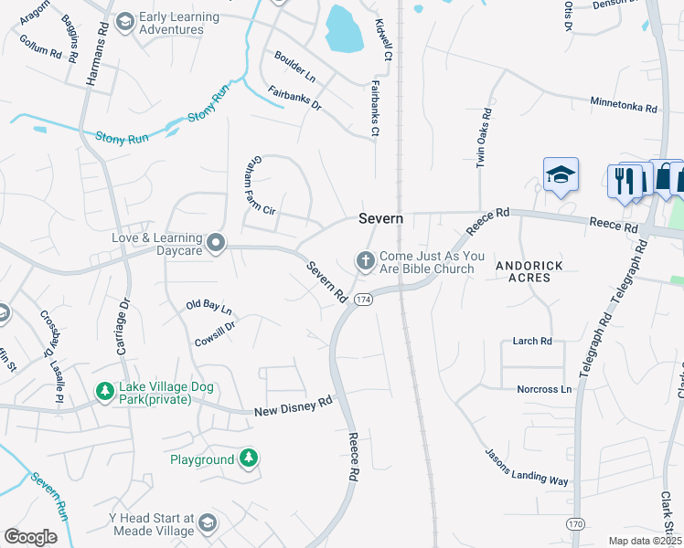 map of restaurants, bars, coffee shops, grocery stores, and more near 1213 Scattered Pines Court in Severn