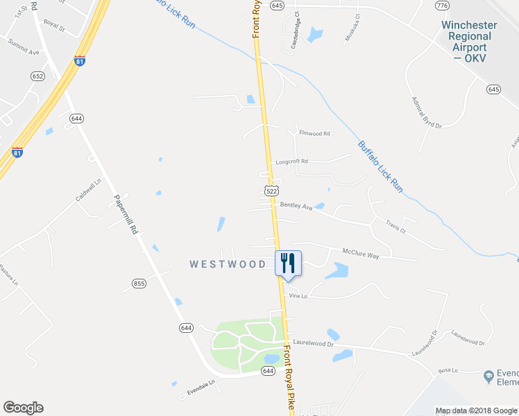 map of restaurants, bars, coffee shops, grocery stores, and more near 1046 Front Royal Pike in Winchester
