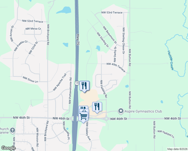 map of restaurants, bars, coffee shops, grocery stores, and more near 4845 Northwest Astor Park Drive in Topeka