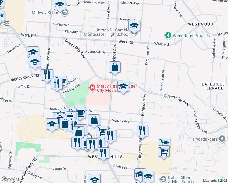 map of restaurants, bars, coffee shops, grocery stores, and more near 2860 Boudinot Avenue in Cincinnati