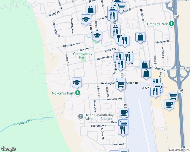 map of restaurants, bars, coffee shops, grocery stores, and more near 1186 South Dora Street in Ukiah