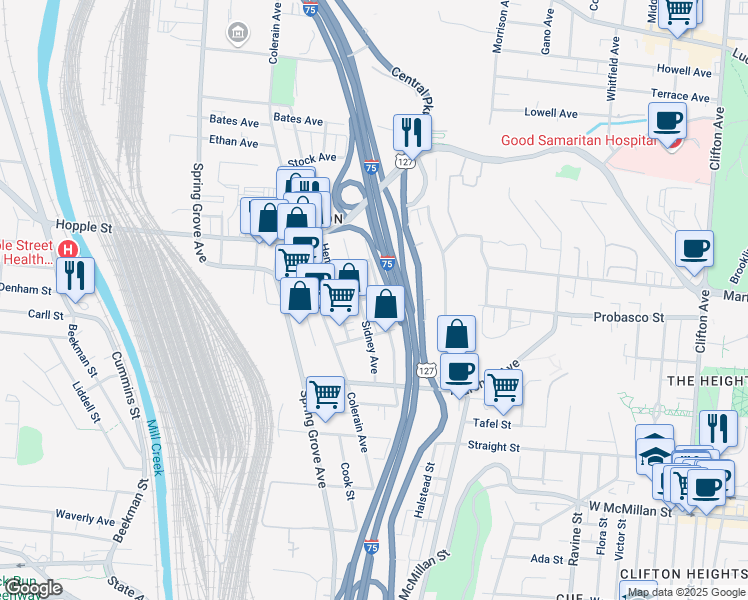 map of restaurants, bars, coffee shops, grocery stores, and more near 2891 Massachusetts Avenue in Cincinnati