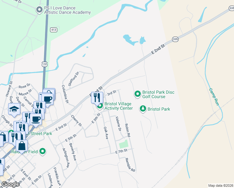 map of restaurants, bars, coffee shops, grocery stores, and more near 203 Robin Road in Waverly