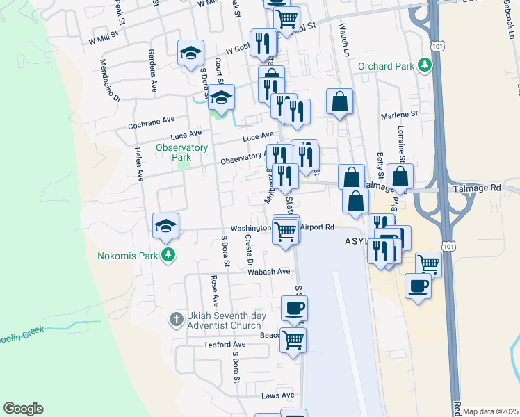map of restaurants, bars, coffee shops, grocery stores, and more near 10 Creekside Court in Ukiah