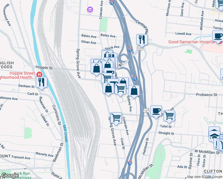 map of restaurants, bars, coffee shops, grocery stores, and more near 2909 Colerain Avenue in Cincinnati