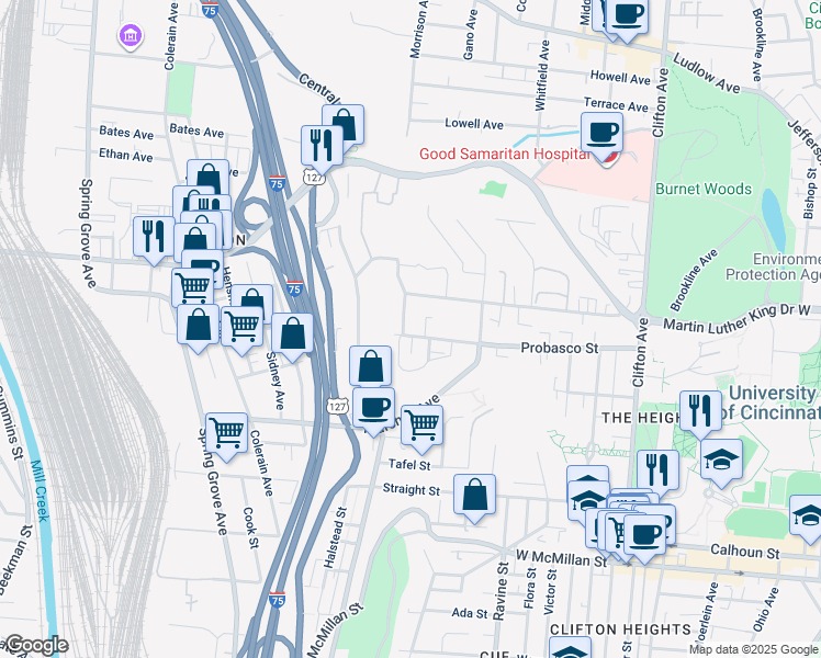 map of restaurants, bars, coffee shops, grocery stores, and more near 2960 Deckebach Avenue in Cincinnati