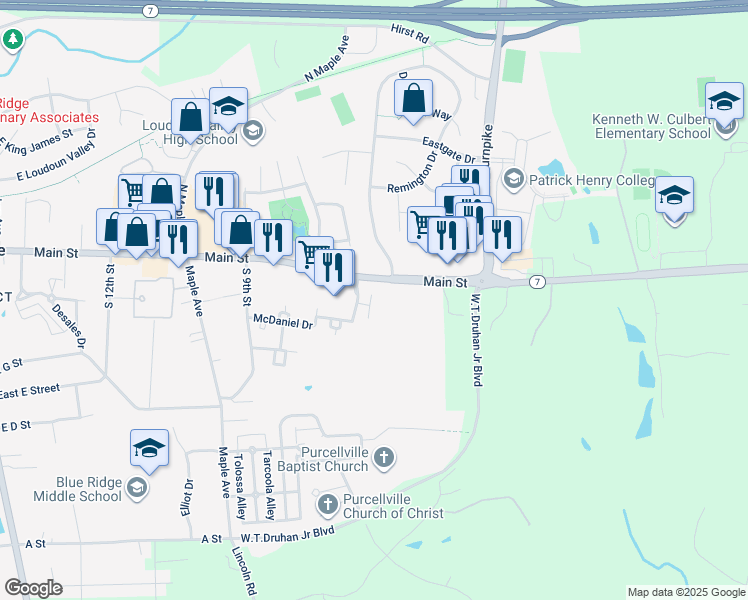 map of restaurants, bars, coffee shops, grocery stores, and more near 104 Hackley Court in Purcellville