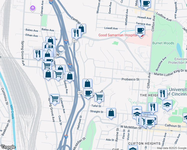 map of restaurants, bars, coffee shops, grocery stores, and more near 2959 Deckebach Avenue in Cincinnati