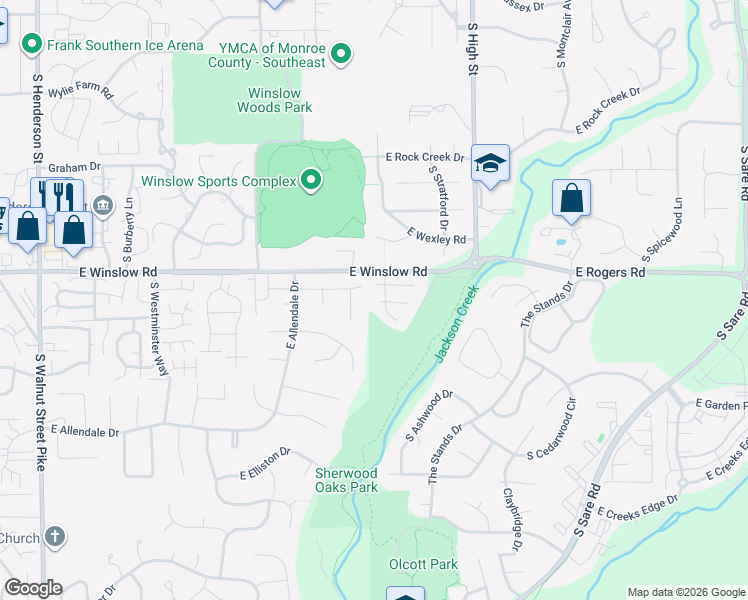 map of restaurants, bars, coffee shops, grocery stores, and more near 1605 East Durham Court in Bloomington
