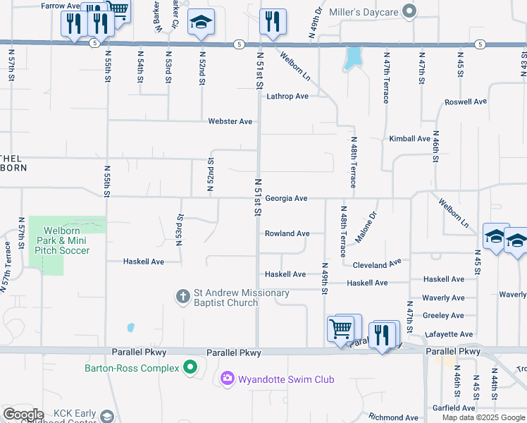 map of restaurants, bars, coffee shops, grocery stores, and more near 2629 North 51st Street in Kansas City
