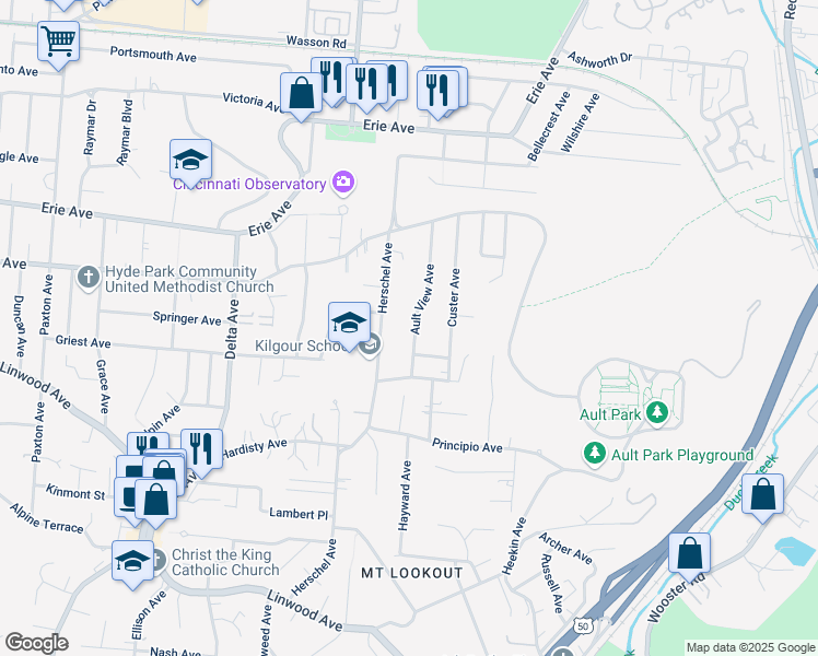 map of restaurants, bars, coffee shops, grocery stores, and more near 3379 Ault View Avenue in Cincinnati